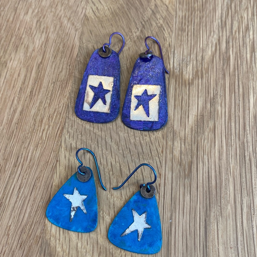 FUN colorful earrings. Set of two pairs. Purple and teal with silver tone.